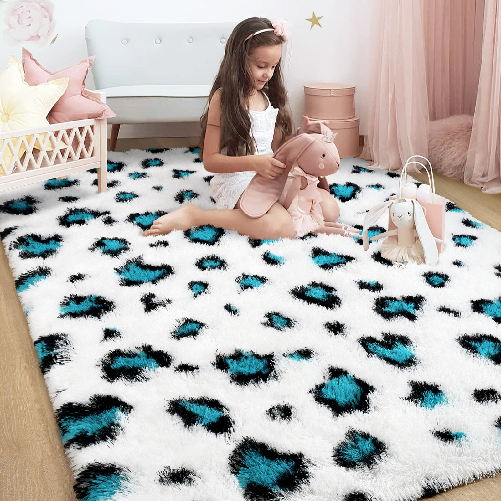 HOMORE Leopard Print Rugs, 3×5 Feet White/Teal Leopard Rug for